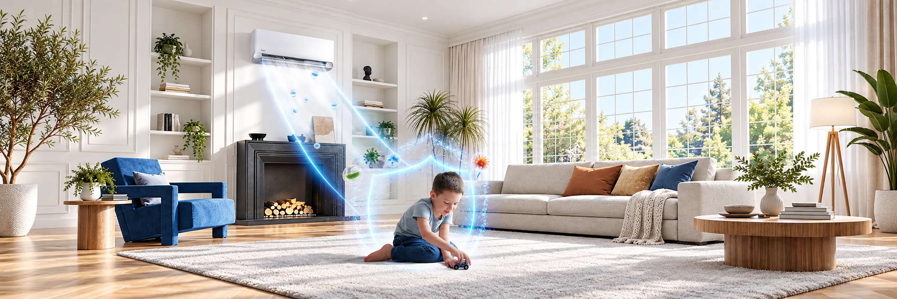 Midea air conditioner purifying the air in a living room